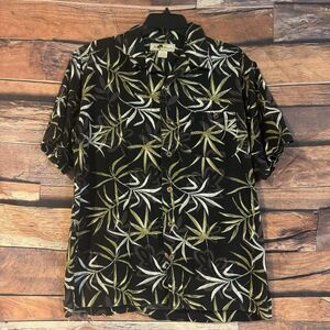 Joe Marlin Mens Large Hawaiian Shirt Cotton Rayon Black Bamboo Floral Print Camp